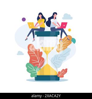 Two women sitting on an hourglass and working on laptop. Deadline and time management concept. Flat style vector illustration. Stock Vector