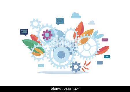Mechanism system flat style decorated with colorful plants. Vector Illustration Stock Vector