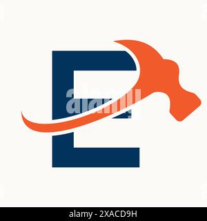 Letter E Home Construction Logo Design With Hammer Symbol Stock Vector