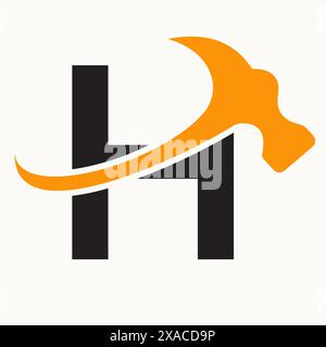 Letter H Home Construction Logo Design With Hammer Symbol Stock Vector