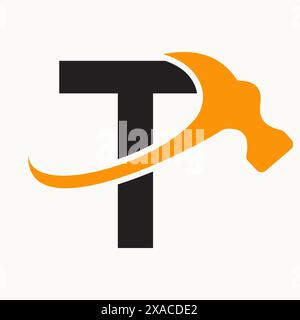 Letter T Home Construction Logo Design With Hammer Symbol Stock Vector