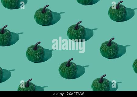 Trendy autumn or fall pattern made with green pumpkins on green background. Minimal autumn composition. Nature flat lay. Season concept. Stock Photo