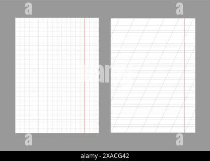 Set of notebook sheets isolated on gray background. Realistic white blanks of checkered and lined paper. Different vertical pages from diary. Vector Stock Vector
