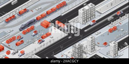 Isometric transport system in city. Vector illustration of train on railroad, truck, car, bus, tractor on urban roads, modern high-rise buildings, freight delivery logistic for goods export and import Stock Vector