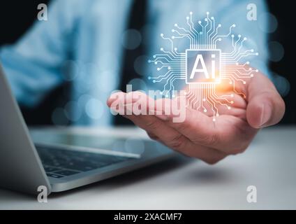 User hand showing AI chip represents Artificial intelligence innovation and global online network connection for access to digital service, Cyber secu Stock Photo