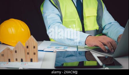 Construction planning, Structural calculation, Structural design, Project presentation plan, Construction cost planning, Architect or engineer using t Stock Photo