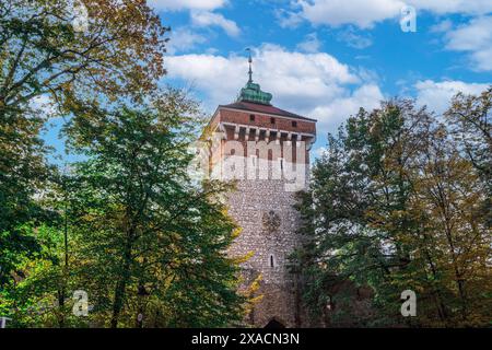 Low angle view of 14th century Gothic tower, Saint Florian Gate Brama Florianska, against a blue sky with clouds, UNESCO World Heritage Site, Karakow, Stock Photo