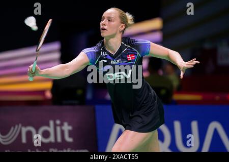 Alexandra Boje of Denmark in action during the mixed doubles match on day two of the Kapal Api Indonesia Open between Mathias Christiansen and Alexand Stock Photo