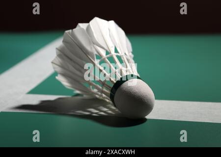 Feather badminton shuttlecock on green table, closeup Stock Photo