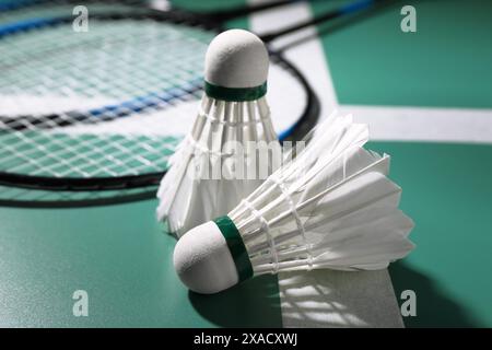 Feather badminton shuttlecocks and rackets on court, closeup Stock Photo