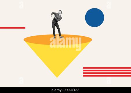 Sketch image trend composite 3D collage of picture draw doodle huge space area platform young man black white silhouette walk go dance Stock Photo