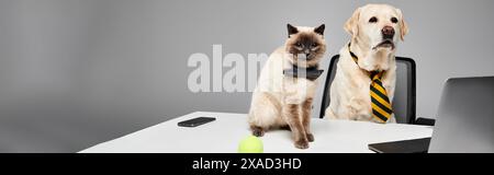 A cat and a dog peacefully sit side by side at a desk in a cozy studio setting, showcasing friendship and companionship. Stock Photo