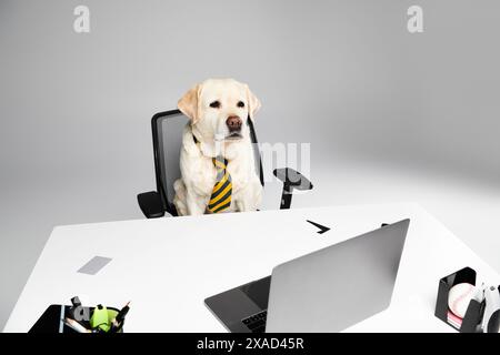 A well-dressed dog sits in an office chair, exuding professionalism and sophistication. Stock Photo