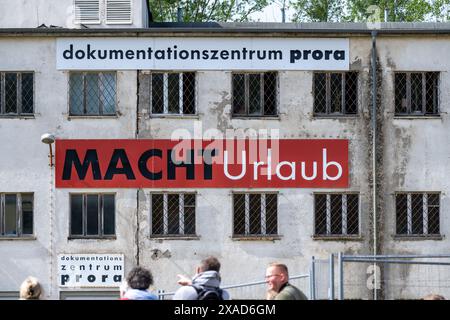 05 June 2024, Mecklenburg-Western Pomerania, Prora: View of the entrance to the Prora Documentation Center on the grounds of the KdF seaside resort of Prora in the municipality of Binz on the island of Rügen. Visitors to the Prora Documentation Center have been able to learn about the consequences of the Shoah since 06.06.2024. Under the title '70 Years of the Luxembourg Agreement', nine large cubes are now on display in the large hall of the former Nazi building where the exhibition is taking place from June 6 to August 26, 2024. Texts, photos and graphics tell the story of compensation payme Stock Photo