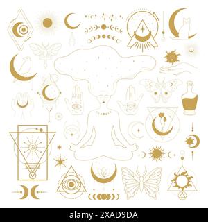 Set of celestial mystical and astrological symbols. Magical animals, sun, crescent, magic eye and space elements. Vector illustration Stock Vector