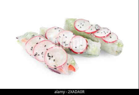 Delicious spring rolls wrapped in rice paper isolated on white Stock Photo