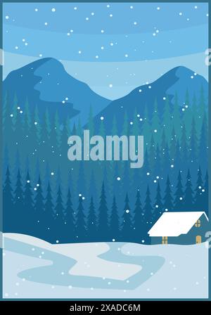 Cabin vintage poster pine tree mountain scenery forest in the snow background illustration design Stock Vector