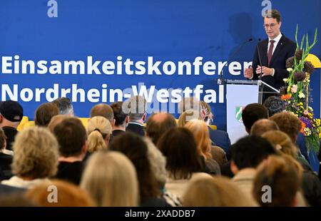 06 June 2024, North Rhine-Westphalia, Duesseldorf: Hendrik Wüst (CDU), Minister President of North Rhine-Westphalia, speaks at the State Chancellery during a loneliness conference to present the impulse paper 'Young and lonely - international perspectives for a political field of action'. At a conference in the State Chancellery in Düsseldorf on Thursday (from 10.00 a.m.), scientists, politicians and social actors will discuss further steps in the fight against loneliness. An impulse paper with international policy approaches against loneliness among young people will also be presented at the Stock Photo