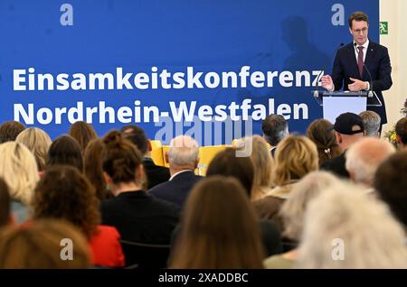 06 June 2024, North Rhine-Westphalia, Duesseldorf: Hendrik Wüst (CDU), Minister President of North Rhine-Westphalia, speaks at the State Chancellery during a loneliness conference to present the impulse paper 'Young and lonely - international perspectives for a political field of action'. At a conference in the State Chancellery in Düsseldorf on Thursday (from 10.00 a.m.), scientists, politicians and social actors will discuss further steps in the fight against loneliness. An impulse paper with international policy approaches against loneliness among young people will also be presented at the Stock Photo