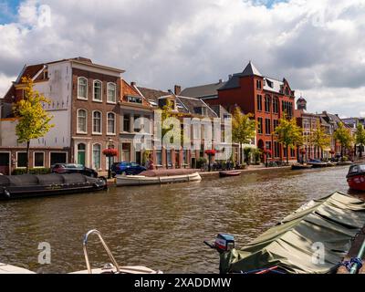 Summer view of Leiden cityscape with scenic canals, Netherlands Stock Photo