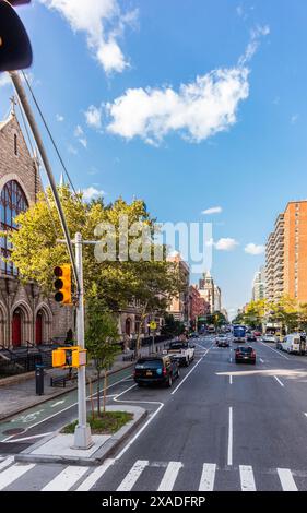 New York City, United States - August 25, 2017: Amsterdam Avenue, Manhattan. On the left, the Church of the Holy Name of Jesus. Stock Photo