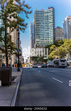 New York City, United States - August 25, 2017: Fifth Avenue with people, skyscrapers an a tree (Midtown Manhattan). Stock Photo