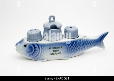Vintage Ceramic Blue Fish Condiment Set Stock Photo