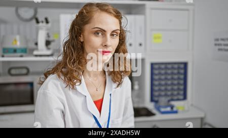 Focused young woman scientist diligently working on her research sitting in the medical laboratory, sporting her serious face as she peers into the mi Stock Photo