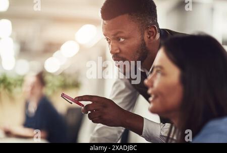 Black man, employee and help on computer in office with teaching, learning and skill development. People, teamwork and collaboration with explaining Stock Photo