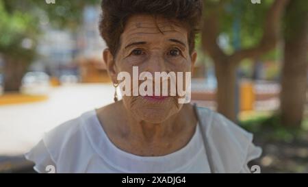 Elderly hispanic woman with short hair in a white shirt standing outdoors in a vibrant urban park. Stock Photo