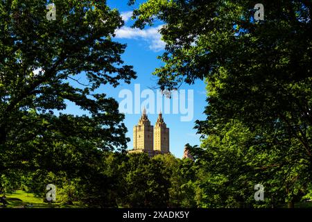 View of  The San Remo is a cooperative apartment building, seen from Cantral Park. New York, USA. The San Remo is a cooperative apartment building at Stock Photo