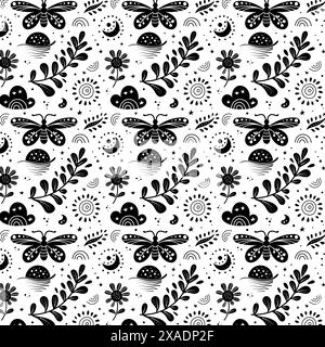 Seamless neo folk art vector pattern with butterfly, moth and flowers, black and white floral design. Neo folk style endless background perfect for Stock Vector