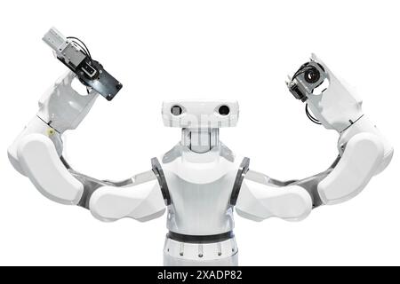 Industrial robot installing a computer chip at production line in factory, Controller of robotic arm. (with Cipping Path) Stock Photo