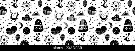 Seamless neo folk art vector pattern with mountains, moon and flowers, black and white floral design. Neo folk style endless background perfect for Stock Vector