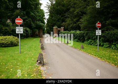 Strictly no entry signs at the exit from Littlecote House and Park, a Warners Hotel in Wiltshire. Stock Photo
