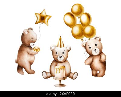 Cartoon teddy bears with foil balloons on a string and golden gift box, birthday, holiday cap and cake with candle on a wood stand. Hand drawn waterco Stock Photo