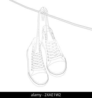 Contour Sneakers hanging from a rope on the white background. Vector illustration. Stock Vector