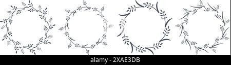 Botanical herbal ink frame set. Hand drawn round wreaths of wheat spikelets. Blank circular nature template, vector graphic Stock Vector