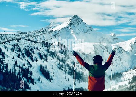 A skier is standing on a mountain, looking up at the sky. The skier is wearing a red jacket and is holding two ski poles. The scene is peaceful and se Stock Photo