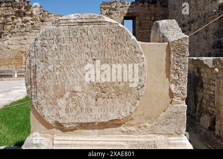 Inscription on Stone Relief, Roman Dougga or Thugga, Ancient Roman City, Teboursouk, Beja Governorate, Tunisia Stock Photo