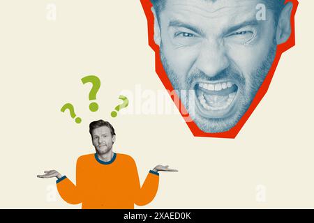 Creative abstract template collage of angry man head scream confused shrug shoulders fantasy billboard comics zine minimal Stock Photo