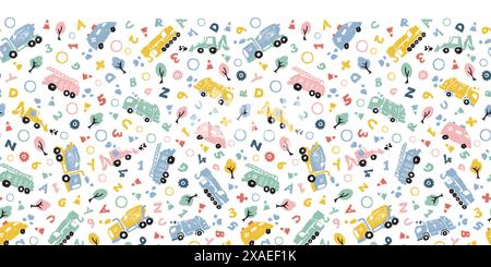 Vector white pastel pen sketch doodle cute cement trucks transport vehicles with alphabets horizontal pattern. Suitable for posters and invitation Stock Vector