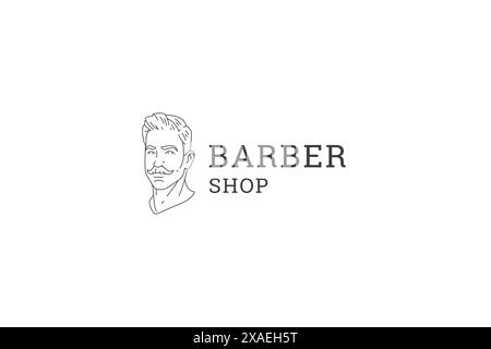 Barber shop male grooming service minimal line logo design template vector illustration. Barbershop hipster hairdressing fashion man portrait with hai Stock Vector