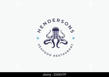 Seafood restaurant minimal logo design template with octopus marine delicious menu vector illustration. Sea animal delicacy meal natural gourmet cuisi Stock Vector
