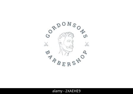 Barbershop minimal line logo design template gentleman hipster grooming service vector illustration. Stylish male with mustache fashion beauty hairsty Stock Vector