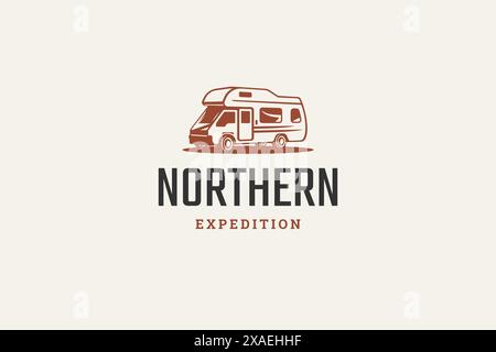 RV camper bus van camping summer trip travel expedition adventure logo design template isometric vector illustration. Camp truck recreation journey tr Stock Vector