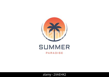 Summer paradise palm tree at sunset sunrise island travel vacation logo design template vector flat illustration. Relax beach seaside tourism tropical Stock Vector