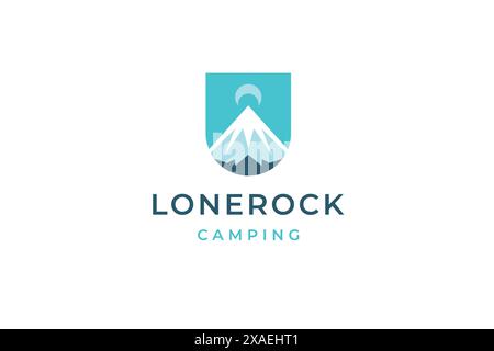 Mountain glacier half moon logo design template for camping expedition vector flat illustration. Natural geology formation rock cliff blue emblem hiki Stock Vector
