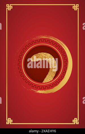 Chinese new year, gold and red, blank template for greeting, banner, poster.  2025 Frame with golden snake and place Stock Vector