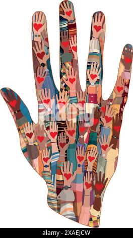 Shape of a hand containing many raised hands of volunteer multicultural people holding a heart.Charity and solidarity donation. Community of volunteer Stock Vector